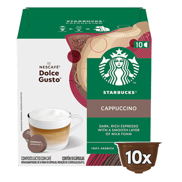 Front view of Starbucks Cappuccino (10 pods) box